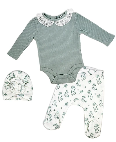 Baby Mode Baby Girls Floral Take Me Home Footed Layette, 3-Piece Set
