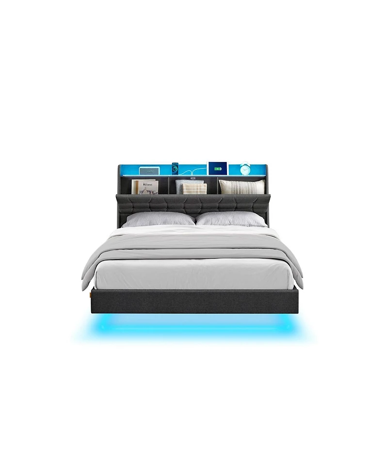 Slickblue Queen Floating Bed Frame with Led Lights for Modern Bedroom Decor