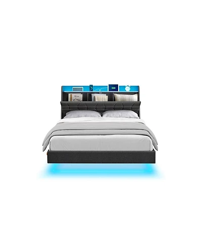 Slickblue Queen Floating Bed Frame with Led Lights for Modern Bedroom Decor