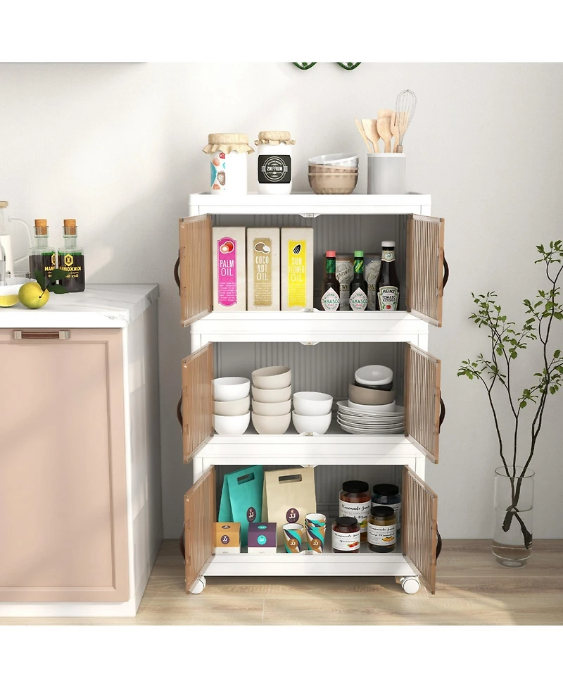 Gouun 3-Tier Stackable Storage Boxes Bins with Magnetic Doors and Lockable Casters