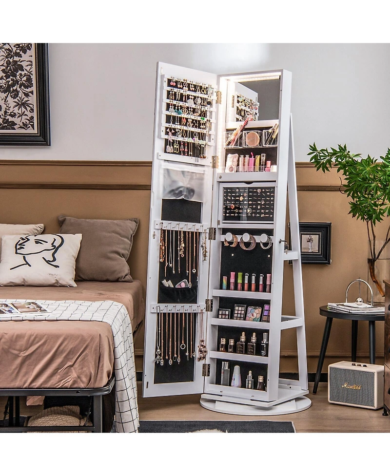 Gouun 360 Rotating Mirrored Jewelry Cabinet Armoire 3 Color Led Modes Lockable