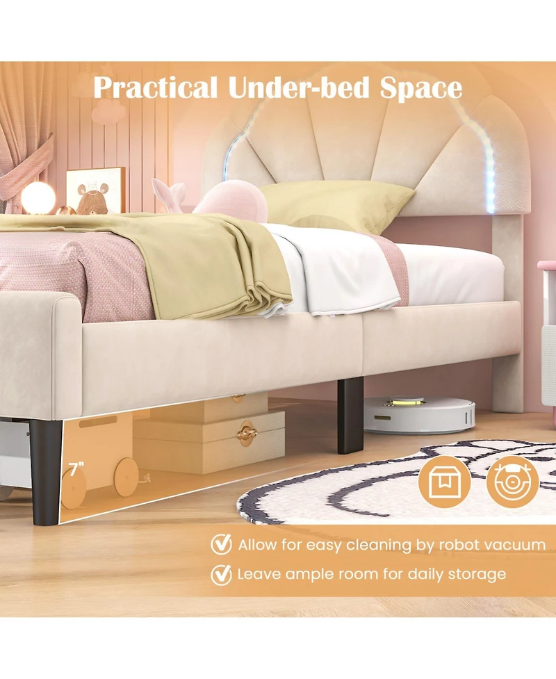 Gouun Upholstered Led Bed Frame with Adjustable Flower Headboard and Metal Support Feet-Twin Size