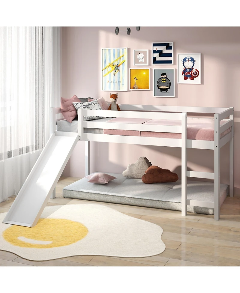 Gouun Twin Size Wooden Loft Bed with Slide and Ladder