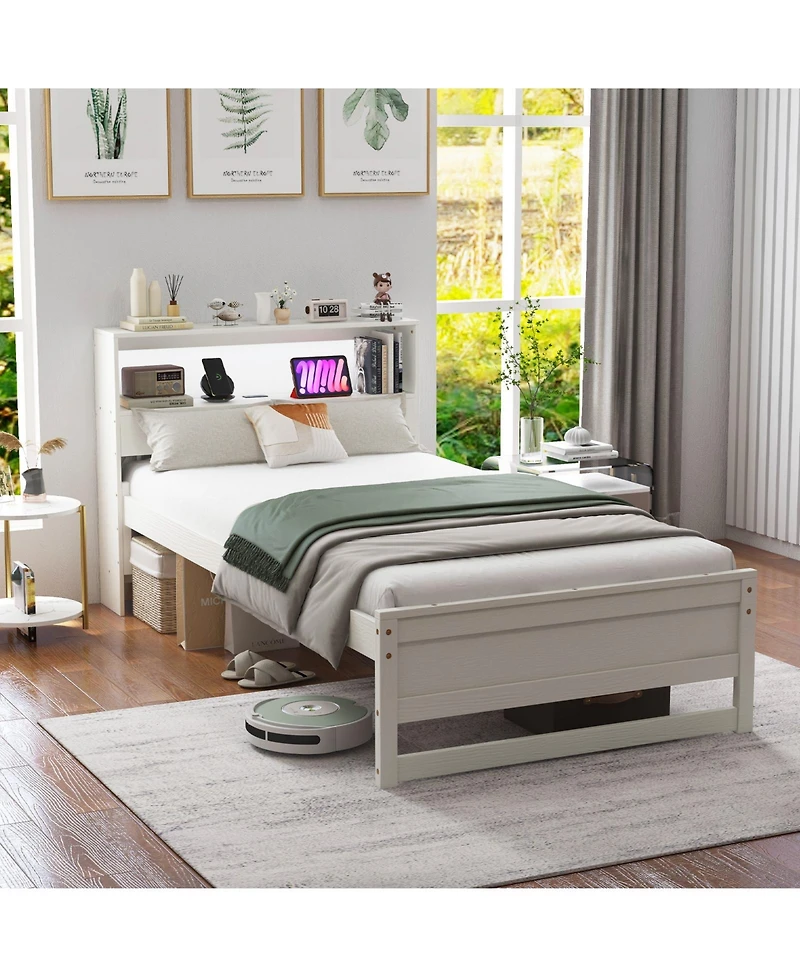 Gouun Twin Size Bed Frame with Storage Headboard Charging Station
