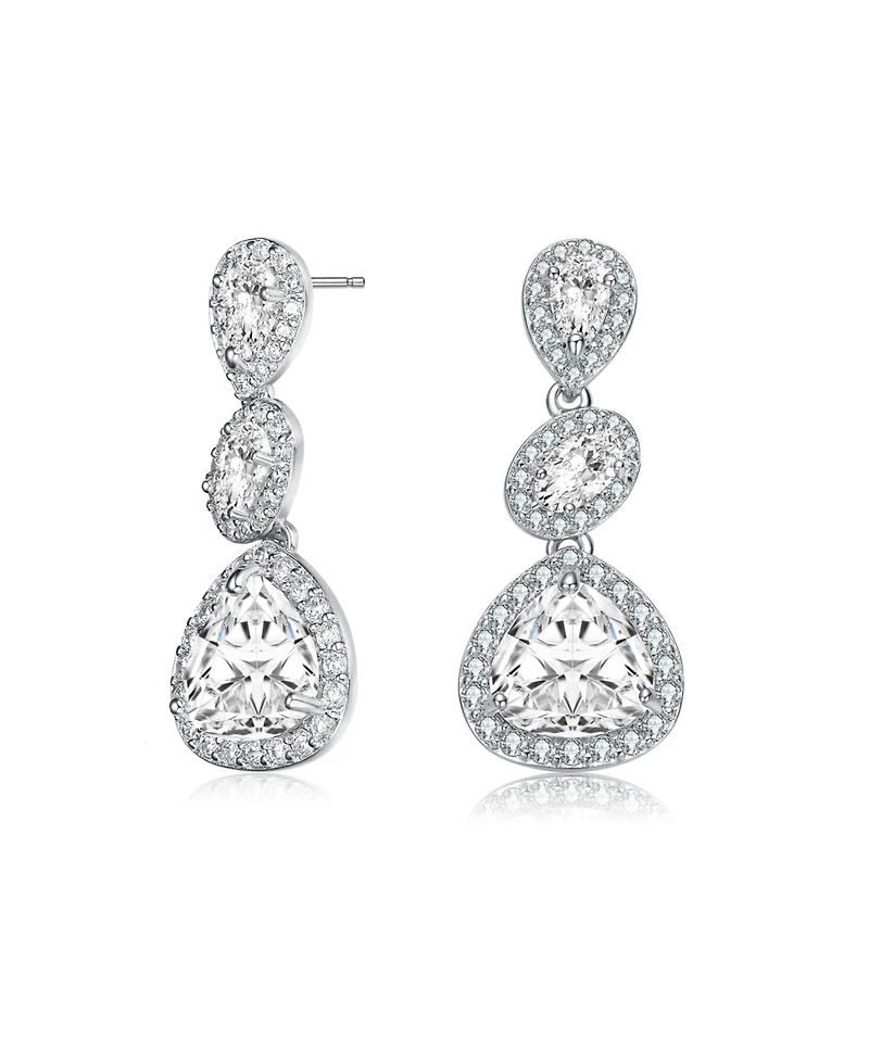 Sterling Silver White Gold Plated with Clear Pear, Oval & Round Cubic Zirconia Halo Three Tier Drop Earrings