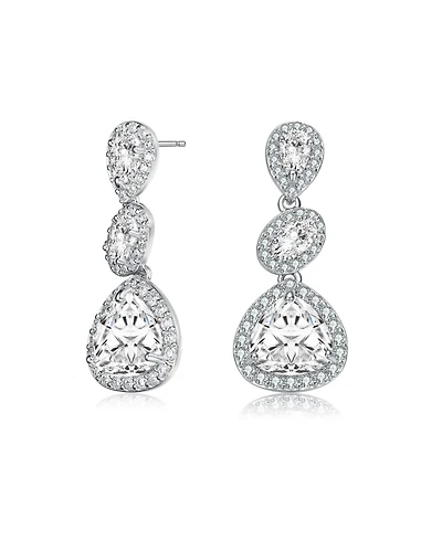 Sterling Silver White Gold Plated with Clear Pear, Oval & Round Cubic Zirconia Halo Three Tier Drop Earrings