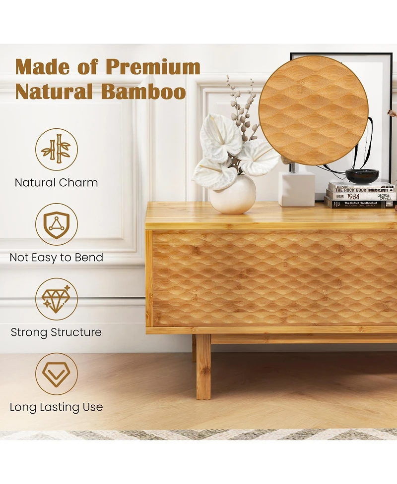 Gouun 63 Inches Mid Century Modern Bamboo Tv Stand with Sliding Doors