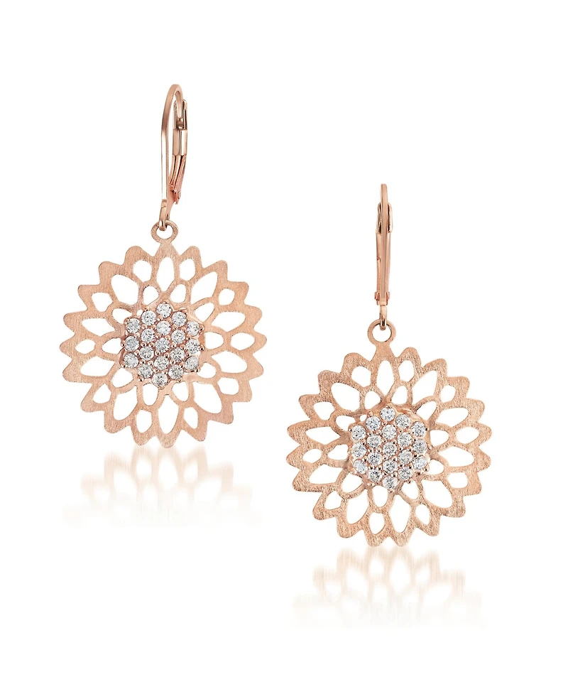 Sterling Silver 18K Rose Gold Plated with Clear Cubic Zirconia Flower Lace Dangle Earrings