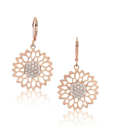 Sterling Silver 18K Rose Gold Plated with Clear Cubic Zirconia Flower Lace Dangle Earrings