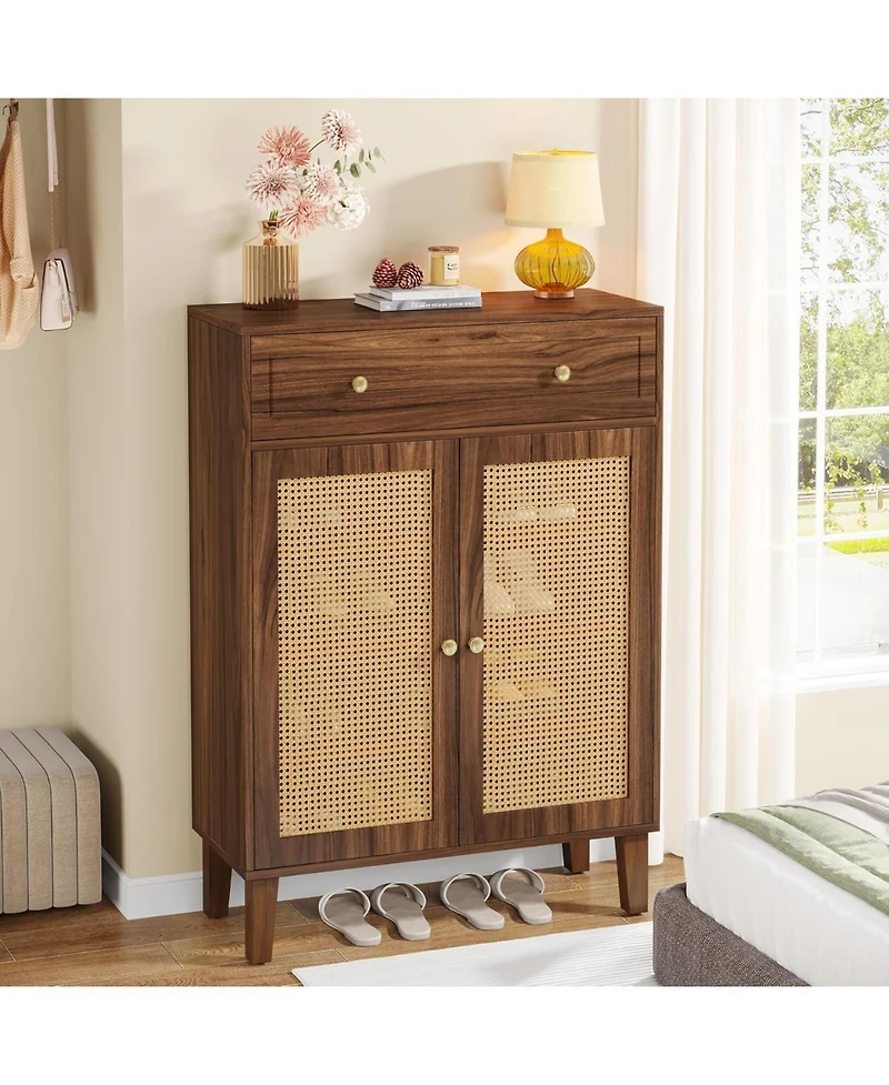 Tribesigns Shoe Cabinet with Doors and Drawer, Modern Shoe Storage Cabinet for Entryway, Rattan Wooden Shoe Organize with Adjustable Shelf