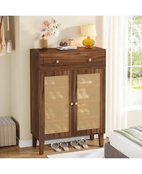 Tribesigns Shoe Cabinet with Doors and Drawer, Modern Shoe Storage Cabinet for Entryway, Rattan Wooden Shoe Organize with Adjustable Shelf