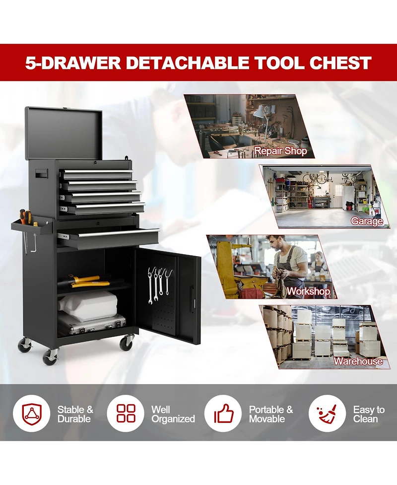 Gouun 2-in-1 Tool Chest and Cabinet with 5 Sliding Drawers