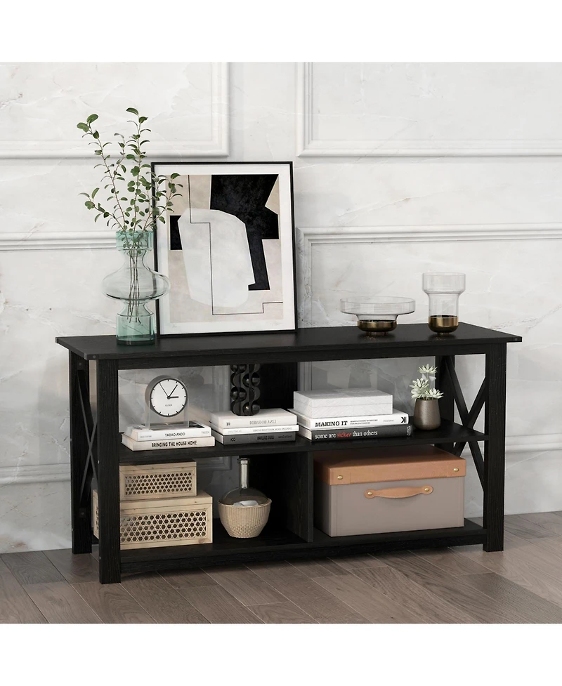 Gouun 3 Tier Wood Tv Stand for 55-Inch with Open Shelves and X-Shaped Frame