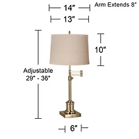 360 Lighting Swing Arm Desk Table Lamp 36" Tall Antique Brass Natural Linen Drum Shade for Living Room Bedroom Nightstand Office Family