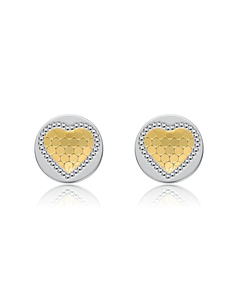 Two-Tone Heart Milgrain Medallion Round Stud Earrings in White Gold Plated or 14K Gold Plated