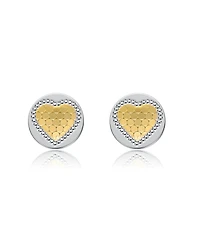 Two-Tone Heart Milgrain Medallion Round Stud Earrings in White Gold Plated or 14K Gold Plated