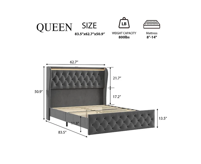 gaomon Queen Led Bed Frame with Charging Station, Velvet Upholstered Platform Bed Frame with Button Wingback Headboard, Metal Frame with No Box Spring