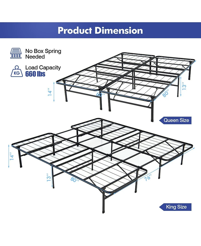 Gouun King Size Folding Steel Platform Bed Frame for Kids and Adults-King Size