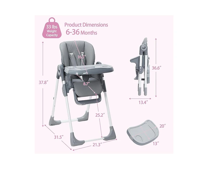 gaomon Multifunctional Baby High Chair, Foldable Infant Highchairs with Removable Tray, Adjustable Height and Recline, Easy Cleaning High Chair for Ba