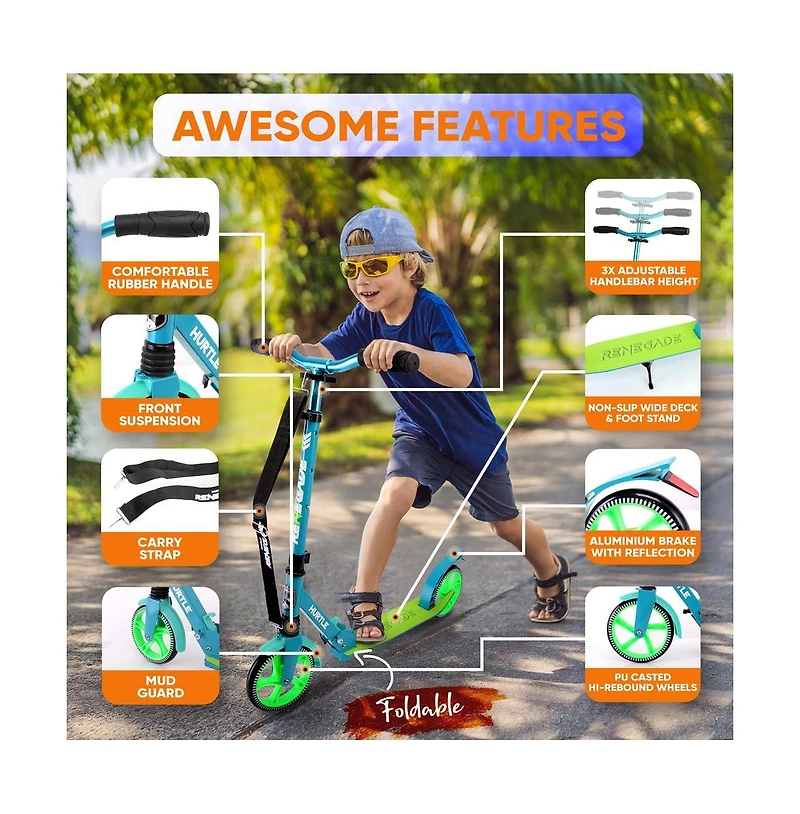 Hurtle Renegade Kick Scooters for Kids Teenagers Adults- 2 Wheel Kids Scooter with Adjustable T-Bar Handlebar - Alloy Anti-Slip Deck