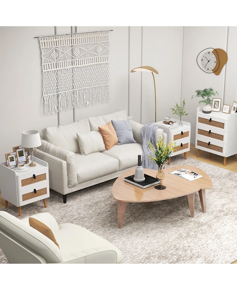 Gouun Modern End Table Bedside Table with 2 Rattan Decorated Drawers