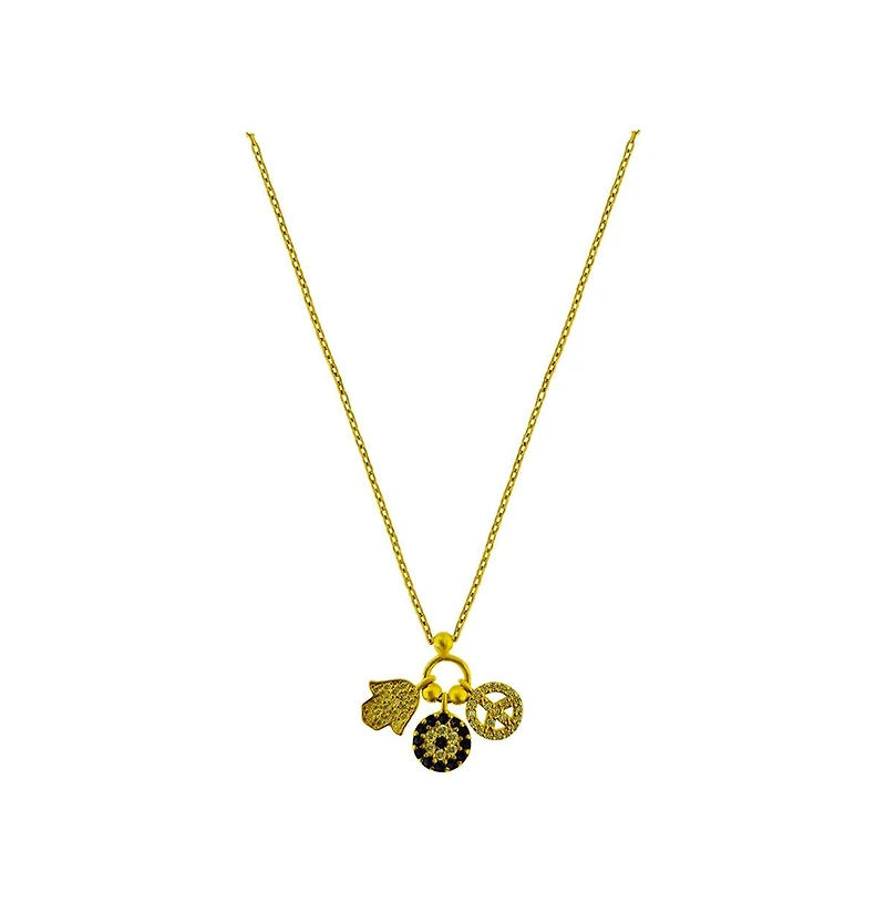 Etoielle Evil Eye Peace Sign Hamsa Gold Tone Charm Necklace Pave Cubic Zirconia