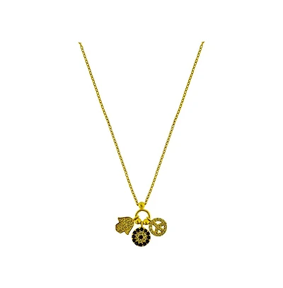 Etoielle Evil Eye Peace Sign Hamsa Gold Tone Charm Necklace Pave Cubic Zirconia