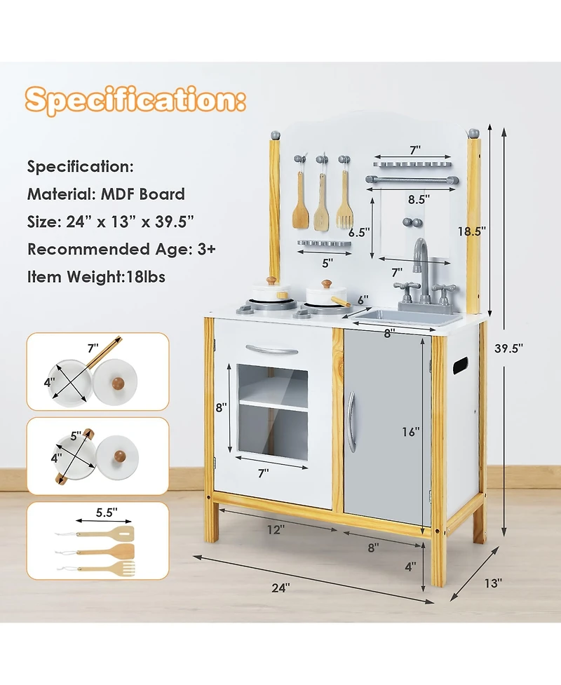 Kids Play Kitchen Set Toddler Pretend Cooking Set w/ Cabinet&Accessories