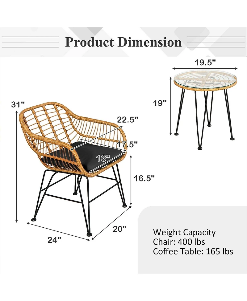 3 Pieces Rattan Furniture Set with Cushioned Chair Table