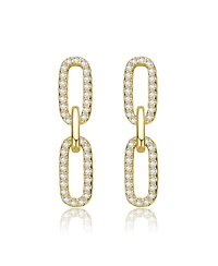 Sterling Silver 14k Gold Plated with Cubic Zirconia Triple Link Chain Dangle Earrings