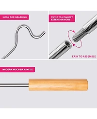 Closet Reacher Pole with Hook and Wooden Handle. Adjustable 2.75 to 5 Feet