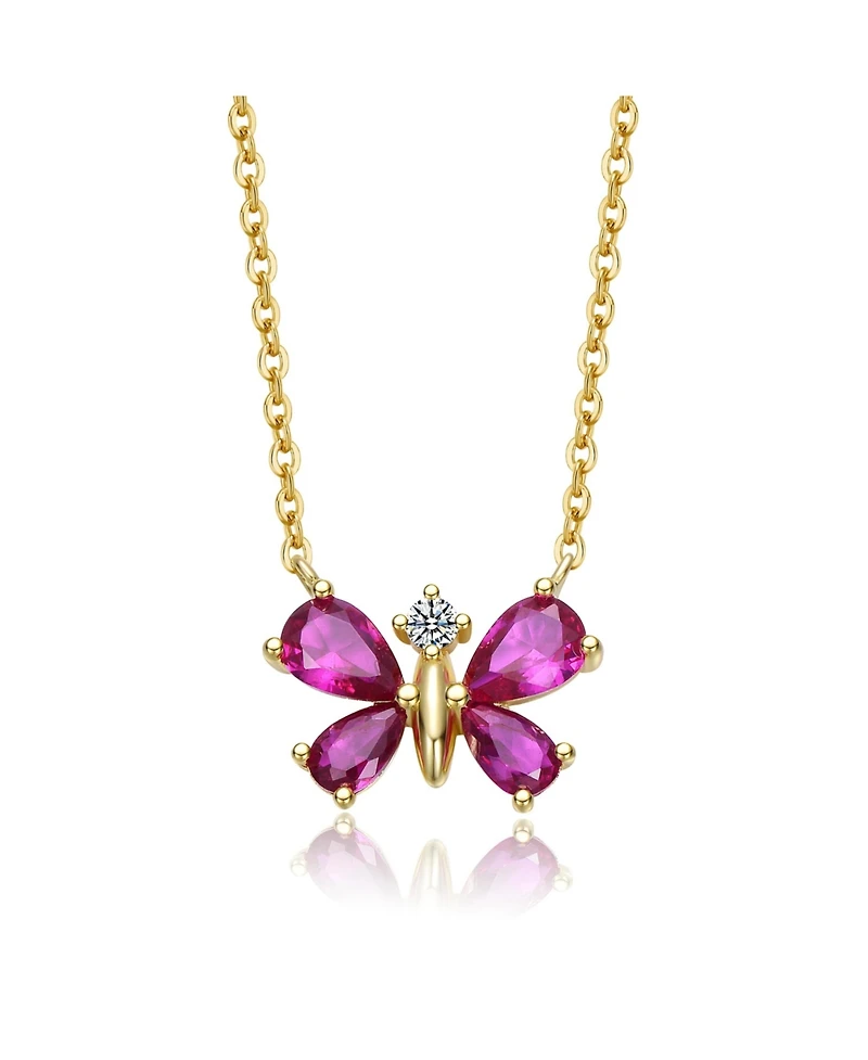 Sterling Silver 14K Gold Plated Butterfly Necklace with Red Cubic Zirconia