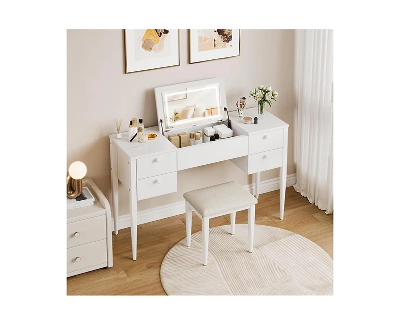 gaomon 47" Makeup Vanity Desk with Flip Top Mirror and Lights, 3 Lighting Mode, 3 in 1 Vanity Table with 5 Drawers