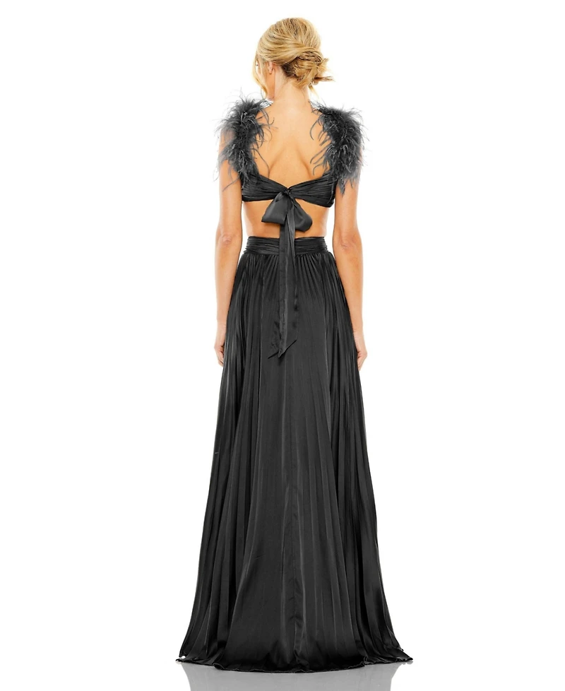 Mac Duggal Women's Pleated Feather Cap Sleeve Open Back Gown