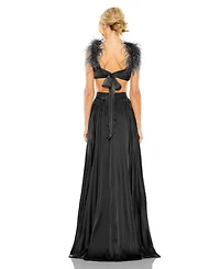 Mac Duggal Women's Pleated Feather Cap Sleeve Open Back Gown