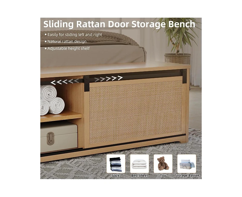 gaomon Natural Rattan Full Size Bed Frame with Sliding Barn Door Storage Cabinets and Headboard, Boho Farmhouse Wood Platform Bed with Solid Wood Legs