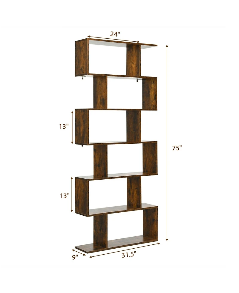 Gymax 2 Pcs 6 Tier S-Shaped Bookshelf Storage Display Bookcase Z-Shelf Coffee