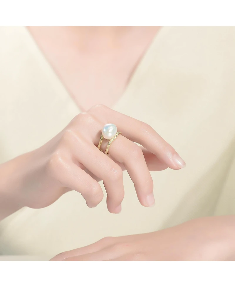 Sterling Silver 14K Gold Plated with Genuine Freshwater Pearl Contemporary Ring