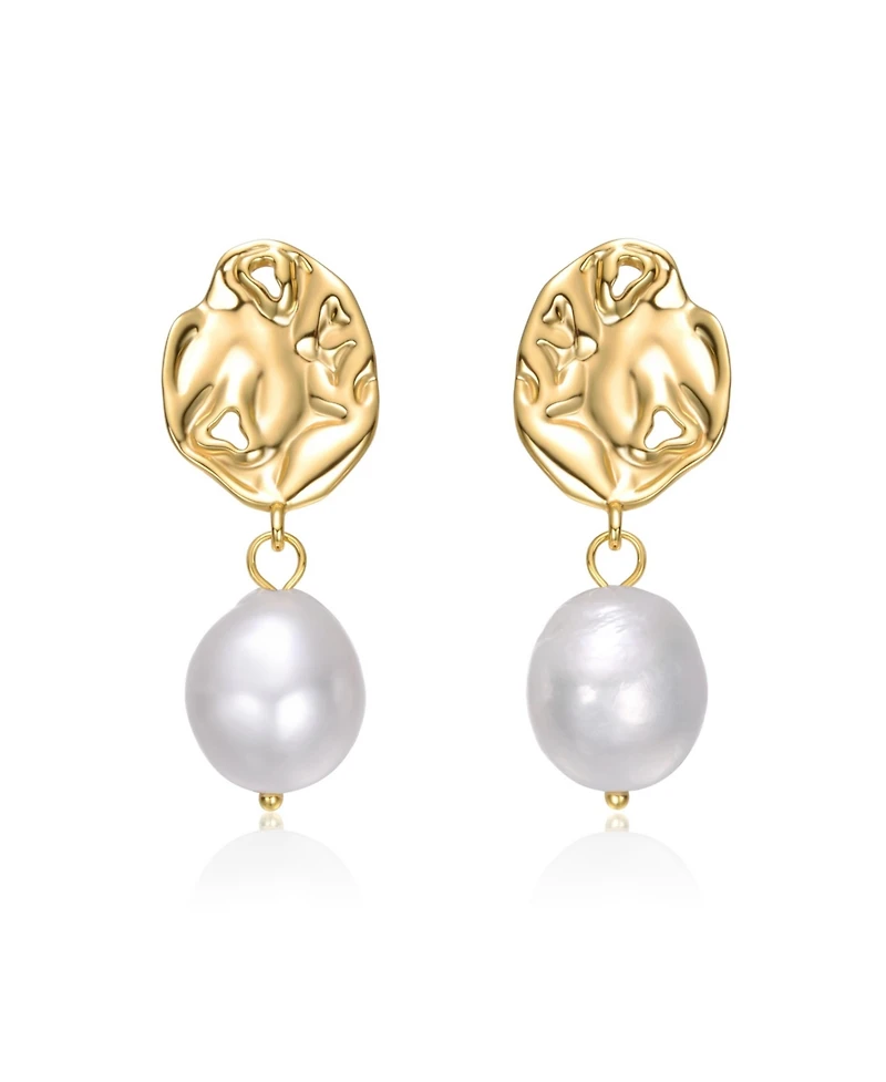 Sterling Silver 14K Gold Plated with White Freshwater Pearl Crinkled Drop Earrings