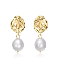 Sterling Silver 14K Gold Plated with White Freshwater Pearl Crinkled Drop Earrings