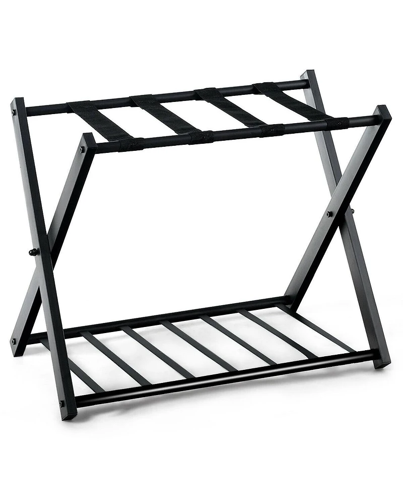 Gouun Set of 2 Folding Metal Luggage Racks with Storage Shelf and Non-Slip Feet