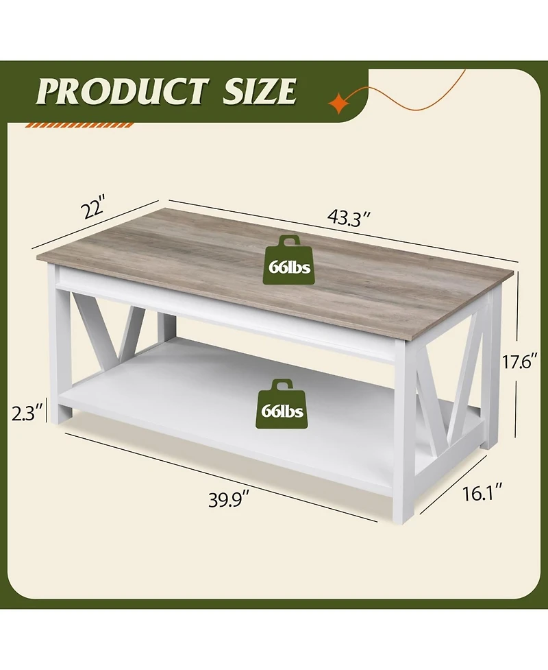 Wlive Farmhouse Coffee Table,Living Room Table with Storage,43 in Wood Center Table with V-Shaped Frame for Home Office,Apartment