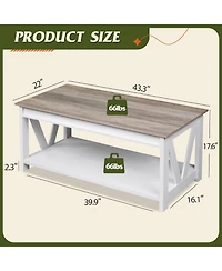 Wlive Farmhouse Coffee Table,Living Room Table with Storage,43 in Wood Center Table with V-Shaped Frame for Home Office,Apartment