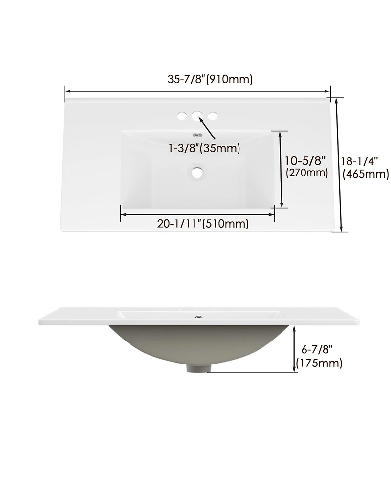 Lovmor Bathroom Ceramic Vanity Top with Three Holes in White