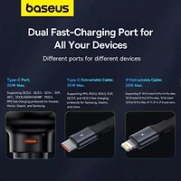 Baseus Enjoyment Pro Car Charger C + Retractable C & iP Cable 60W Cluster Black