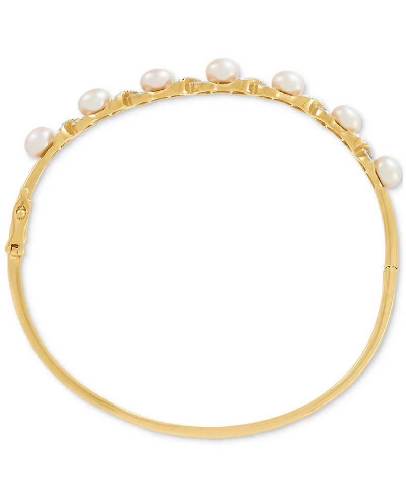 Honora Cultured Freshwater Pearl (5-1/2 - 6mm) & Diamond (1/4 ct. t.w.) Xo Bangle Bracelet in 14k Gold-Plated Sterling Silver