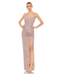 Mac Duggal Women's Sequined Halter Strap Low Side Knot Gown