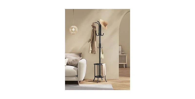 Freestanding Metal Coat Rack – Entryway Storage Stand with Hooks & Built-In Umbrella Holder, Heavy Duty Design
