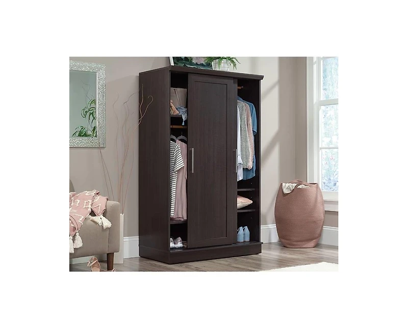 Barn Door Style Wardrobe Cabinet – Farmhouse Armoire with Garment Rod and Shelves for Stylish Bedroom Storage