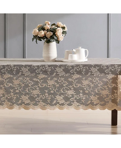 Hlc.me Harper Floral Lace Fabric Tablecloth, Lace Fabric Table Cloth for Rectangle Tables, Wrinkle Resistant Tablecloth, Patterned Scalloped Tableclot